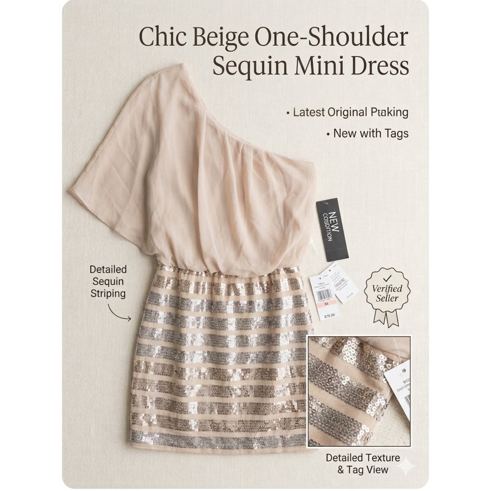 Vintage 20's Style Women Beige One Shoulder Sequin Striped Mini Dress Large NWT